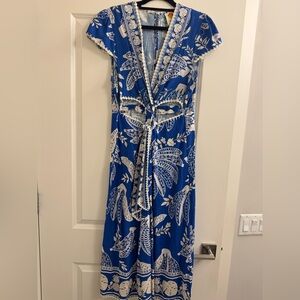 FARM Rio Blue and White Sundress with Cut Outs